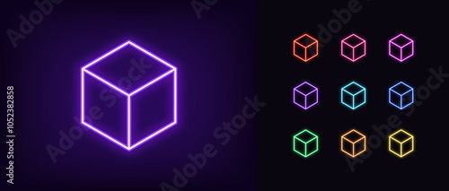 Outline neon cube icon set. Glowing neon isometric cube wireframe, cubic shape, geometric figure. Wireframe cuboid, square block model, cubic structure and form, abstract hexahedron. Vector icons