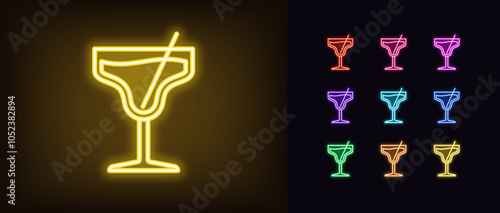 Outline neon cocktail icon set. Glowing neon cocktail glass with beverage and straw, alcohol drinks menu. Margarita cocktail, drinks bar, relax party, alcohol beverage, cheer and vacation. Vector icon