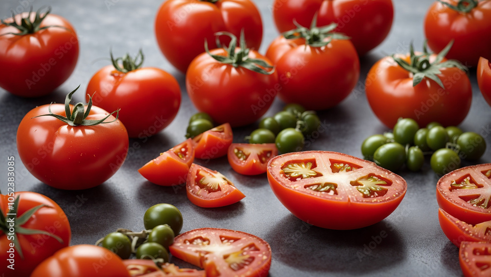 Many whole and sliced red and green tomatoes are on a dark surface.
Many whole and sliced red and green tomatoes are on a dark surface.