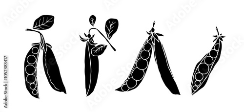 Set of silhouettes, stamps of green pea pods.Vector graphics.