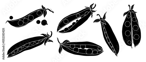 Set of silhouettes, stamps of green pea pods.Vector graphics.