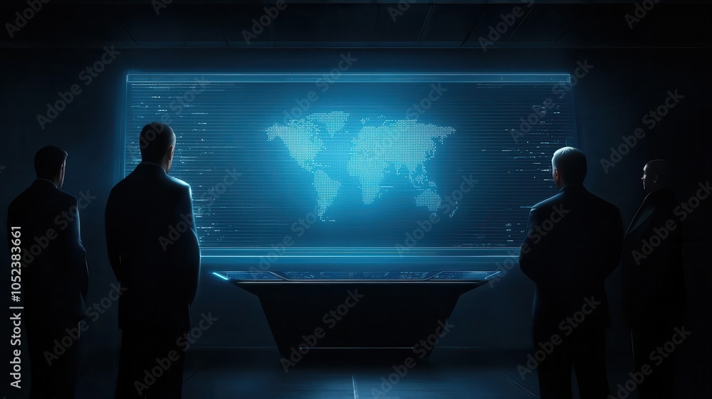 Silhouetted figures observing a high-tech interface displaying global data insights in a dark environment. Silhouetted figures observing a high-tech interface displaying global data insights in a dark environment.