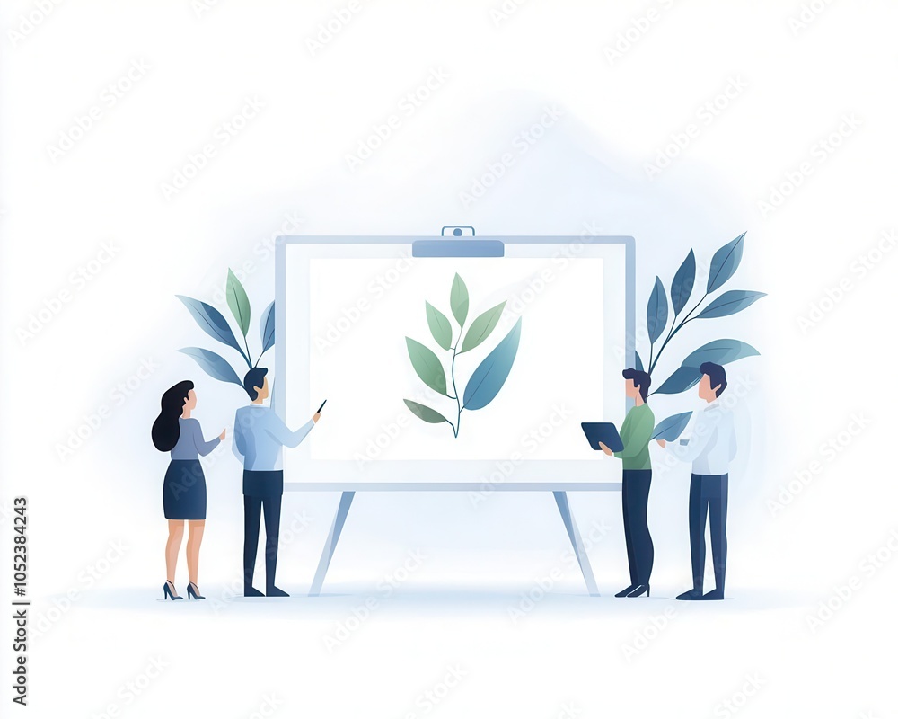 Obraz premium Team presenting a plant graphic on a whiteboard, promoting environmental awareness in the workplace.