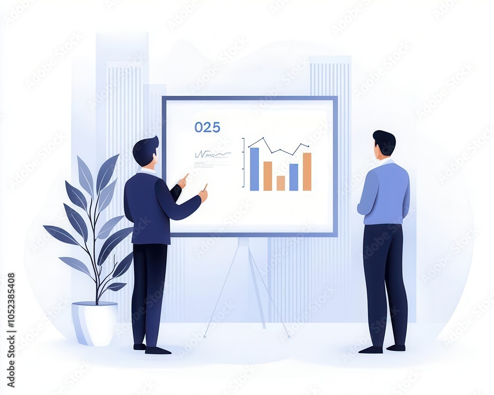 Two professionals discussing a presentation with graphs and statistics in a modern office environment. Two professionals discussing a presentation with graphs and statistics in a modern office environment.