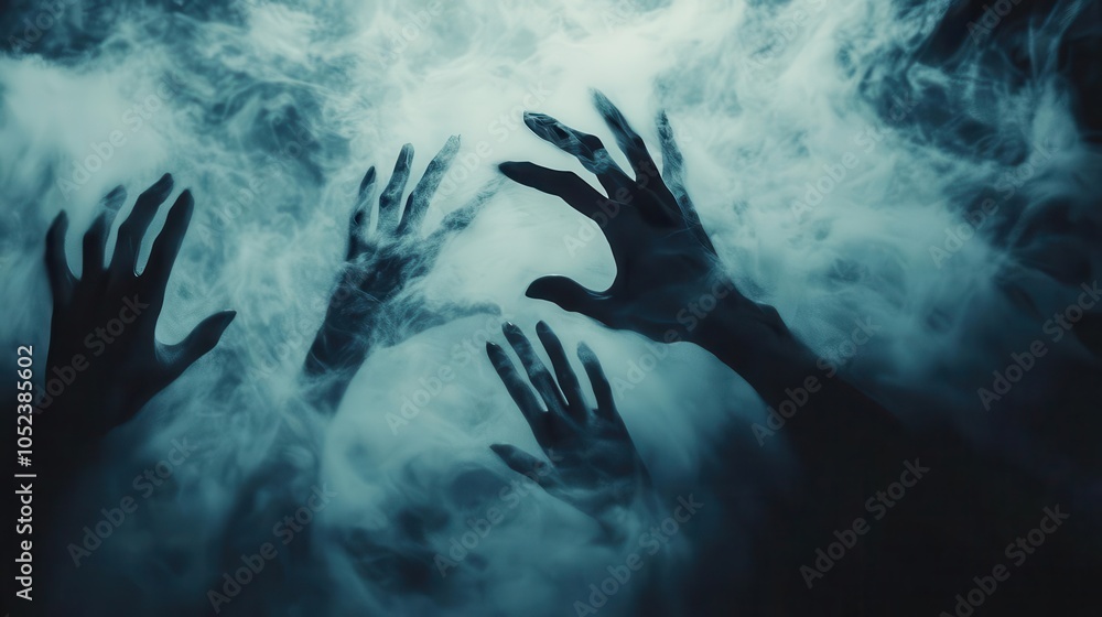ethereal ghostly hands reaching out from the ground, embodying a haunting aesthetic, surrounded by swirling mist and dark shadows, creating a chilling halloween vibe ethereal ghostly hands reaching out from the ground, embodying a haunting aesthetic, surrounded by swirling mist and dark shadows, creating a chilling halloween vibe