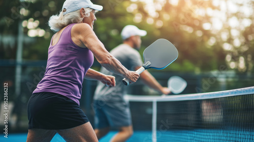 Active older woman playing pickleball with partner outdoors