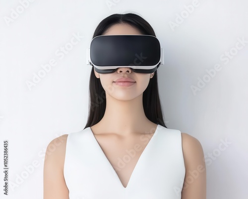 Young woman wearing virtual reality headset, exploring digital environments and innovative experiences.