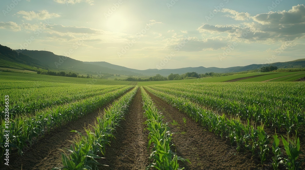 expansive organic maize farm with rows of sweet corn plants under a bright sky, illustrating agricultural beauty and the hard work of rural farming life expansive organic maize farm with rows of sweet corn plants under a bright sky, illustrating agricultural beauty and the hard work of rural farming life
