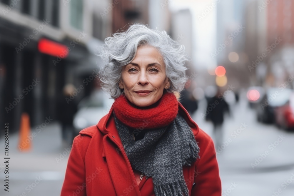 Portrait of a happy senior woman in red coat and scarf on the street Portrait of a happy senior woman in red coat and scarf on the street