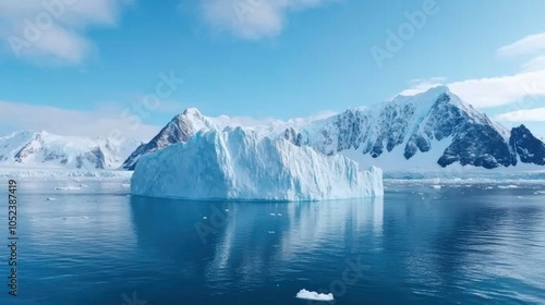 Iceberg Drifting in Snow-Capped Fjord