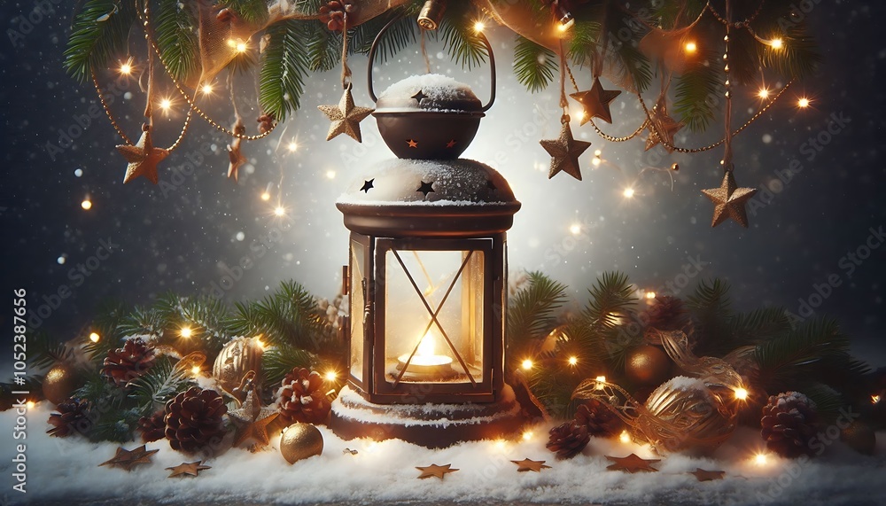 Lantern in Star-Covered Garland Stars and garland frame an antique lantern on a snowy background,generative ai Lantern in Star-Covered Garland Stars and garland frame an antique lantern on a snowy background,generative ai