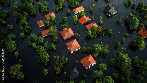 Aerial view of flooded houses surrounded by lush green trees.