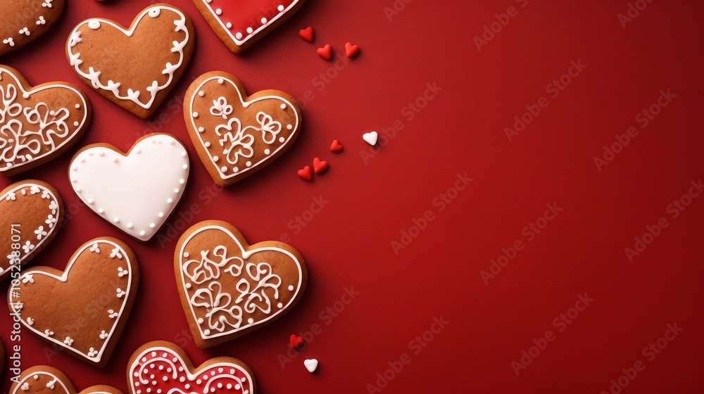 Gingerbread heart cookies with icing on red table texture, flat lay, top view Gingerbread heart cookies with icing on red table texture, flat lay, top view