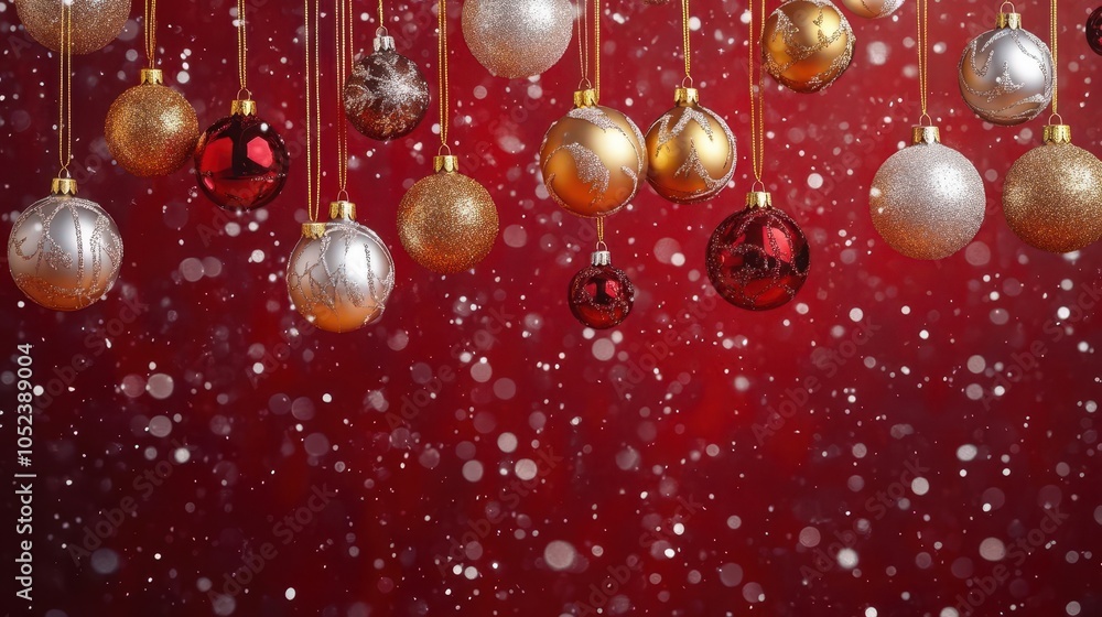festive christmas scene with sparkling gold, red, and silver ornaments hanging elegantly against a rich red backdrop, capturing the warmth and joy of the winter season festive christmas scene with sparkling gold, red, and silver ornaments hanging elegantly against a rich red backdrop, capturing the warmth and joy of the winter season