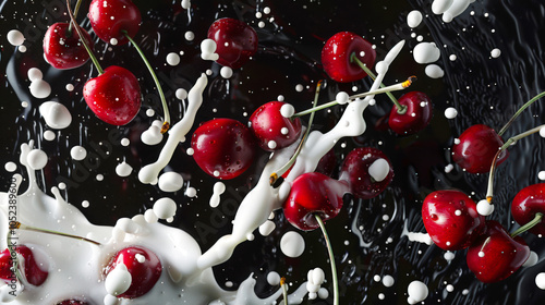 Ripe cherries in white glaze. Close-up of cherries and milk drops splattered in the air on a black background. Cherries float in milk, creating a whimsical and playful picture photo