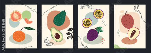 Fruit posters. Abstract hand drawn prints with orange, avocado and topical fruits. Passion fruit and lychee. Hand drawn doodle forms. Modern creative vector cartoon flat isolated illustration