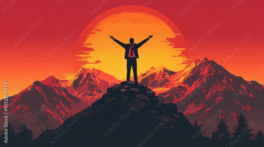 serene scene of a person silhouette standing on a mountain peak at sunrise with arms outstretched symbolizing freedom, achievement, and morning inspiration serene scene of a person silhouette standing on a mountain peak at sunrise with arms outstretched symbolizing freedom, achievement, and morning inspiration