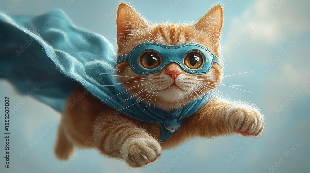 superhero cat illustration featuring an adorable orange tabby kitty in a blue cape and mask, soaring through the air on a light blue background, capturing a playful and whimsical spirit