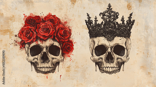 Wallpaper Mural Gothic Skulls with Roses and Crown   Vintage Illustration Torontodigital.ca