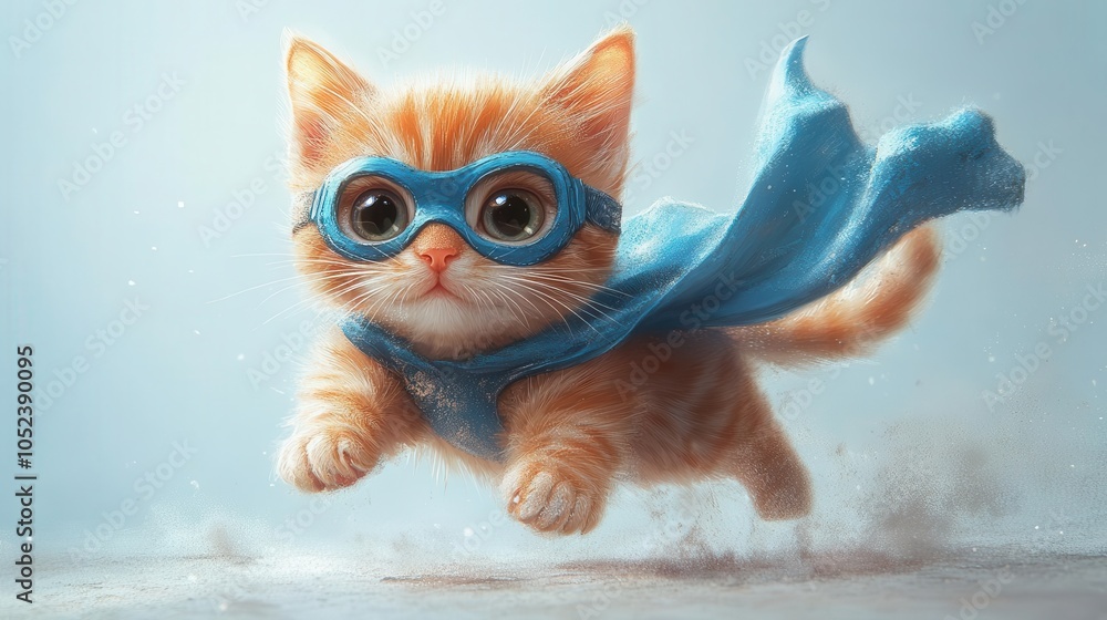 superhero cat illustration featuring an adorable orange tabby kitty in a blue cape and mask, soaring through the air on a light blue background, capturing a playful and whimsical spirit