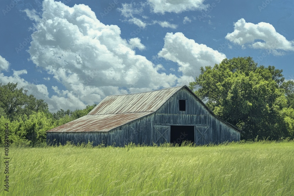 Obraz premium Texas Ranch: Barn with State Flag on Roof in Rural Setting