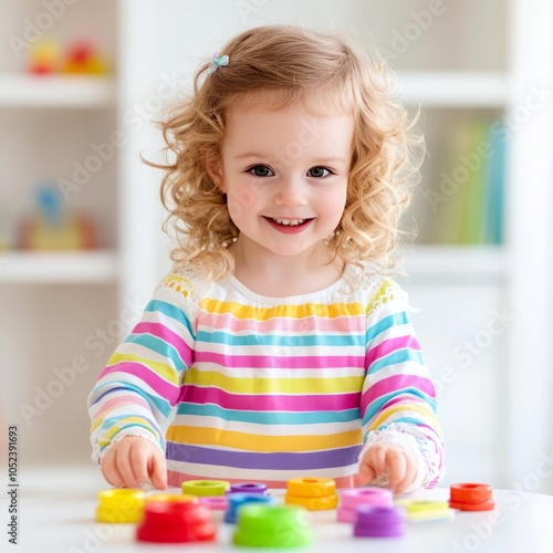 A smiling child playing with colorful stacking toys on a table.