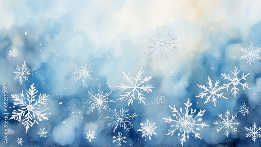 Charming winter watercolor background featuring snowflakes on a cool blue backdrop Charming winter watercolor background featuring snowflakes on a cool blue backdrop