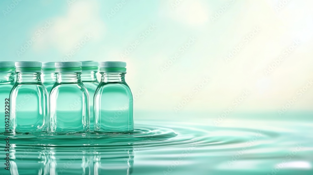Refreshing simplicity, three glass jars filled with water, capturing transparency and light Refreshing simplicity, three glass jars filled with water, capturing transparency and light