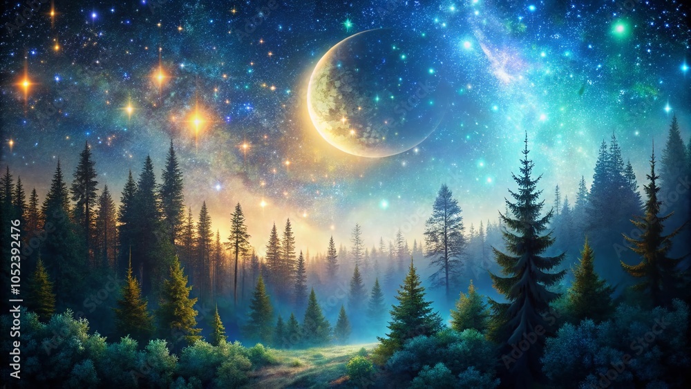 Glittering Starry Sky Over Enchanted Forest - Night Photography Background Design Glittering Starry Sky Over Enchanted Forest - Night Photography Background Design