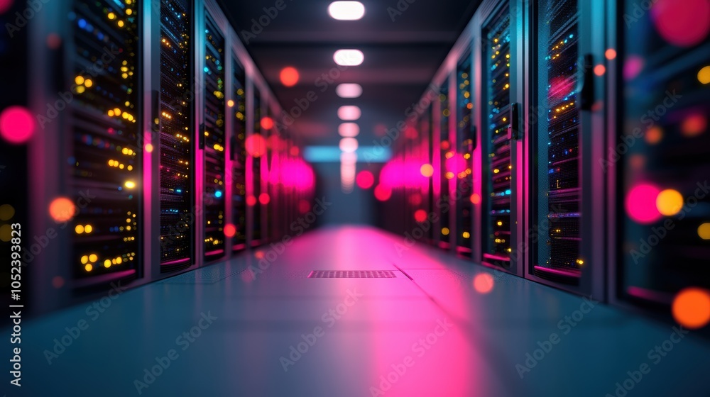 A server room with rows of servers, showcasing the infrastructure behind online streaming services, with cables and flashing lights. A server room with rows of servers, showcasing the infrastructure behind online streaming services, with cables and flashing lights.
