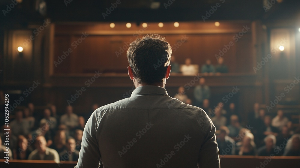 Fototapeta premium speaker addressing a business audience during a formal meeting or seminar, back view
