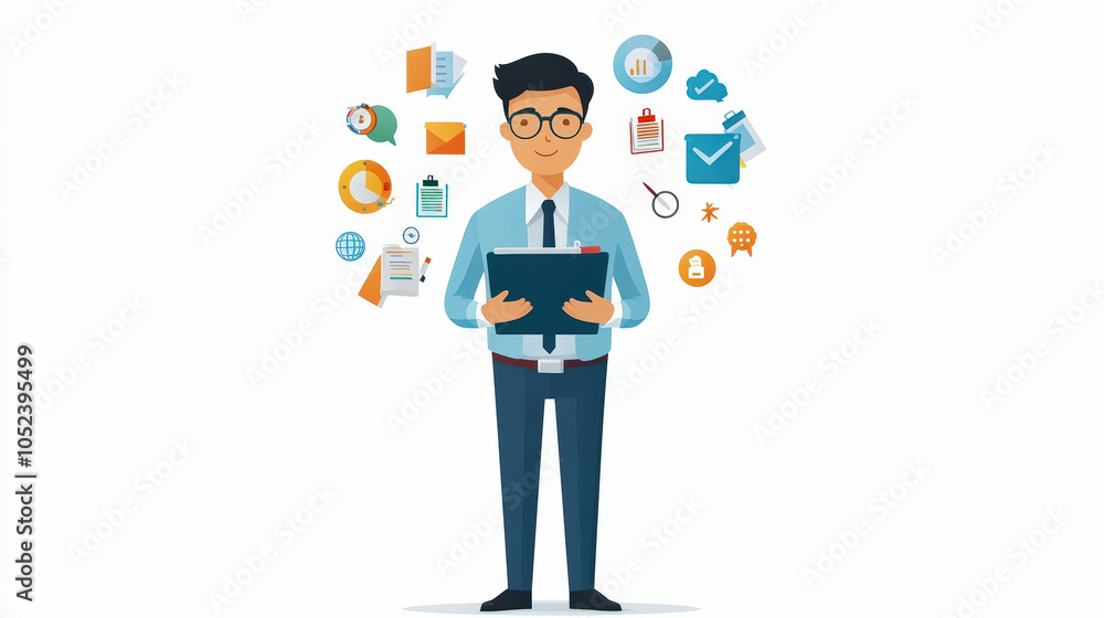 A professional man stands holding a clipboard, surrounded by business and communication icons representing organization and productivity in a digital office environment. A professional man stands holding a clipboard, surrounded by business and communication icons representing organization and productivity in a digital office environment.