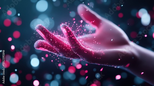 A person interacting with a holographic interface, their fingers glowing with ethereal light as they manipulate objects and data in a surreal, digital space. photo