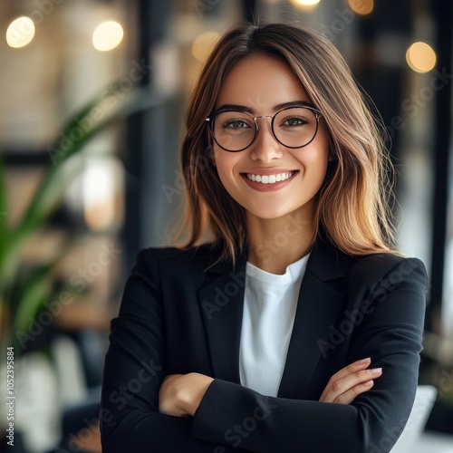 Business/education concept: smiling businesswoman, arms crossed