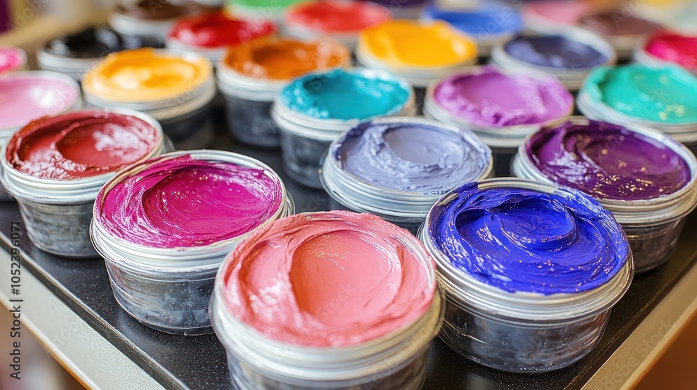 Colorful paint pots in a row. Colorful paint pots in a row.