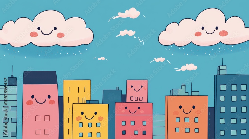 Colorful Cartoon City with Smileful Buildings Colorful Cartoon City with Smileful Buildings