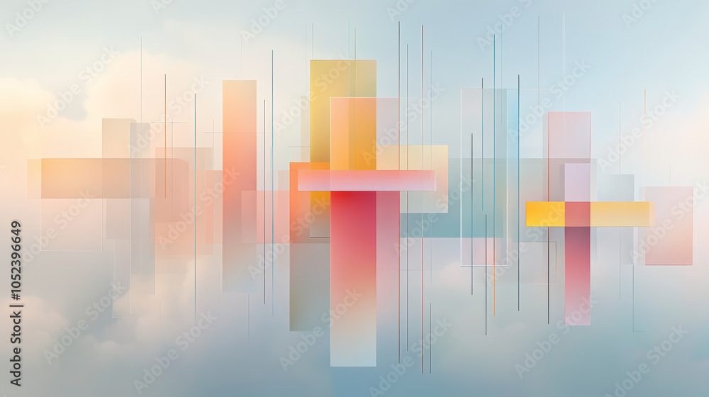Colorful geometric shapes overlap in a dreamy, abstract sky scene, creating a tranquil atmosphere with soft hues and gentle gradients. Colorful geometric shapes overlap in a dreamy, abstract sky scene, creating a tranquil atmosphere with soft hues and gentle gradients.