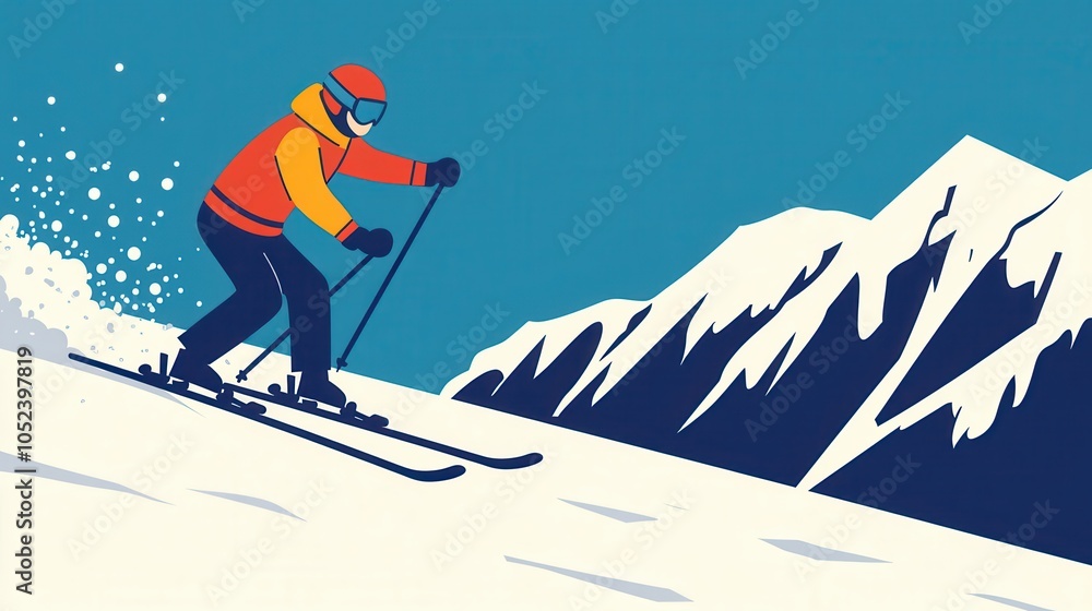 Cartoon Skier Racing Down Snowy Mountain Slope Cartoon Skier Racing Down Snowy Mountain Slope