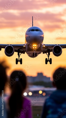 A passenger plane approaches the runway as people watch from below in the golden light of the setting sun. photo