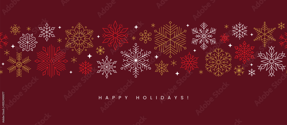 Christmas greeting card or banner design with elegant seamless snowflakes pattern. Winter holidays horizontal background. Christmas greeting card or banner design with elegant seamless snowflakes pattern. Winter holidays horizontal background.