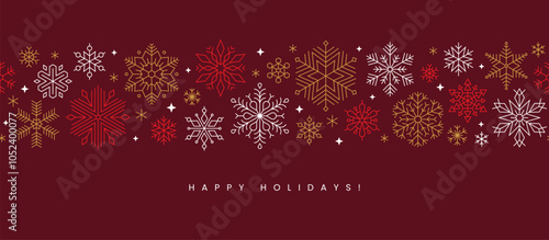 Christmas greeting card or banner design with elegant seamless snowflakes pattern. Winter holidays horizontal background.