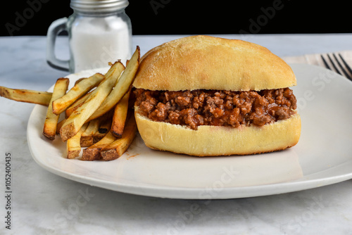 Φωτογραφία sloppy joe on a  ciabatta roll served with french fries,