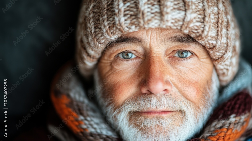 An older man with striking blue eyes captures attention while wearing a knitted hat and a warm scarf. The indoor environment suggests comfort and coziness amidst the winter season An older man with striking blue eyes captures attention while wearing a knitted hat and a warm scarf. The indoor environment suggests comfort and coziness amidst the winter season