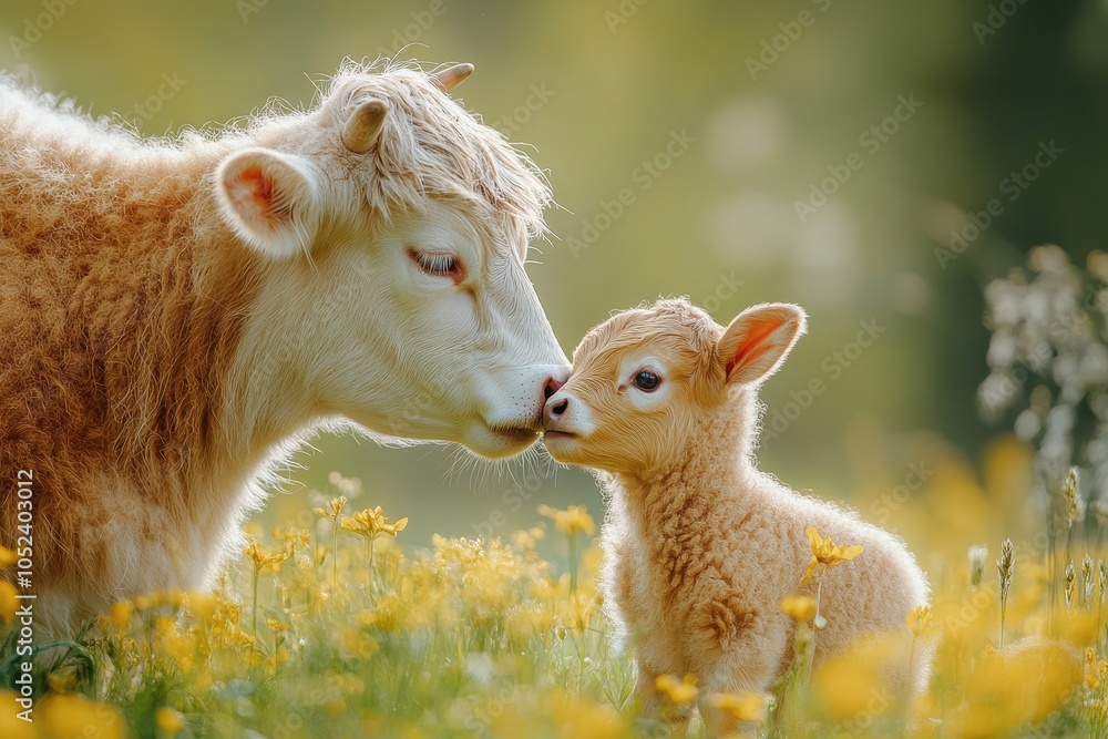 Mother Cow and Calf Kissing in Green Meadow – Close-Up Portrait of Light Brown Newborn Baby Animal
Mother Cow and Calf Kissing in Green Meadow – Close-Up Portrait of Light Brown Newborn Baby Animal