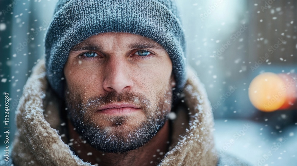 A man gazes intently at the camera, dressed in a thick, warm coat and knitted hat. Snowflakes gently fall around him, creating a serene winter atmosphere in a city environment A man gazes intently at the camera, dressed in a thick, warm coat and knitted hat. Snowflakes gently fall around him, creating a serene winter atmosphere in a city environment
