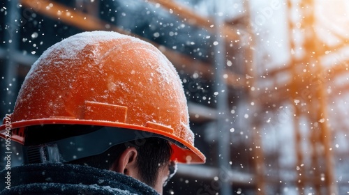 A construction worker wearing an orange hard hat stands in the snowfall at a building site