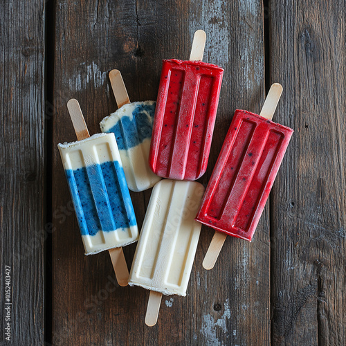 Flat lay showcasing popsicles with vibrant red, white, and blue stripes on a rustic wooden table, accented-4