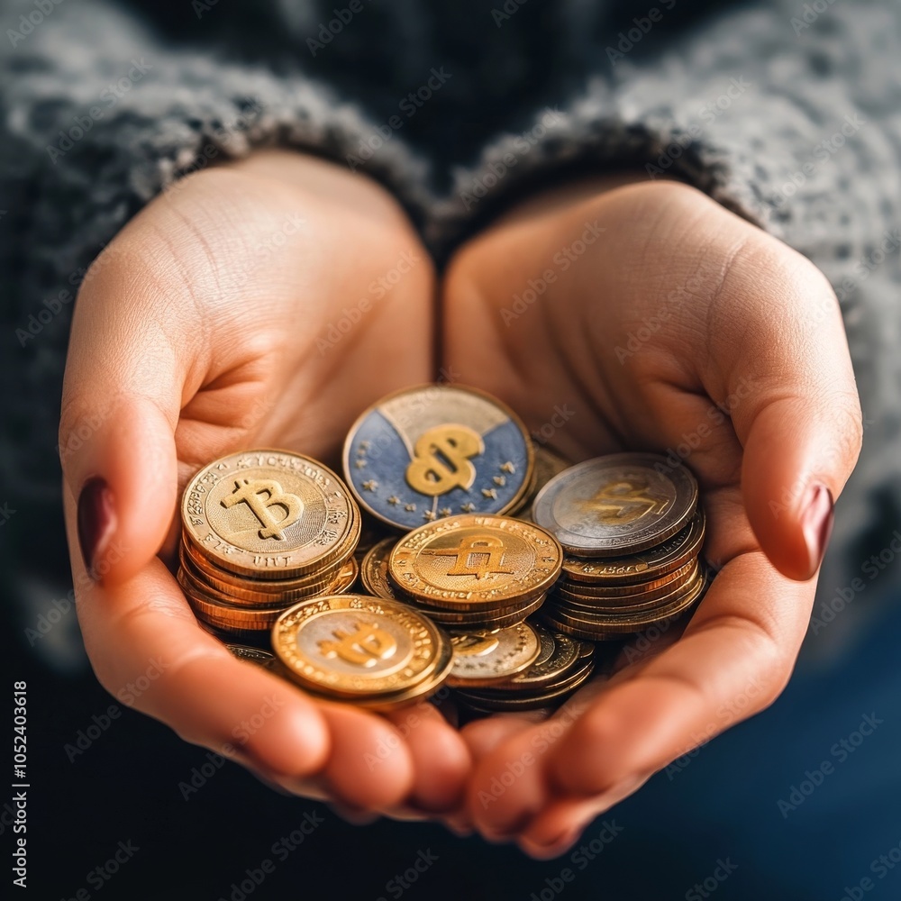Fototapeta premium Finances concept: Woman cups euro coins.