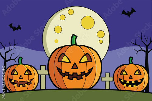 halloween pumpkins in a graveyard with a full moon