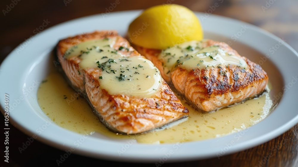 Seared Salmon with Lemon Butter Sauce on Plate Seared Salmon with Lemon Butter Sauce on Plate